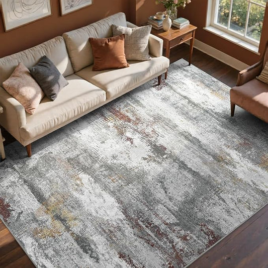 9x12 Ft Extra Large Washable Area Rugs for Living Room, Soft Non-Slip Modern Abstract Print Pattern Carpet for Bedroom Indoor Floor Nursery Home Decor (Grey/Gold-Brown/Red-Brown)