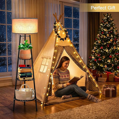 ZQQLITE Floor Lamp with Shelves for Living Room， Standing Lamp，Tall Lamp， Amparas Elegantes para Sala with Linen Shade，Modern Floor Lamp for Living Room，Bedroom or Office（Black ）