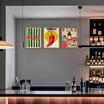 Framed Kitchen Wall Art Set of 3, Abstract Table Food Kitchen Wall Decor, Chilli Pictures Prints Artwork, Vintage Dining Room Canvas Painting, Modern Kitchen Home Decoration – 16x24 inch