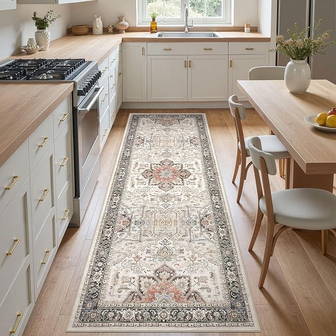 Area Rug for Living Room - 3x8 Large Soft Washable Oriental Vintage Floral Carpet Safe for Babies & Pets - Fade Stain Resistant Non Slip Rugs for Bedroom Dining Room Nursery Dorm Office Home Decor