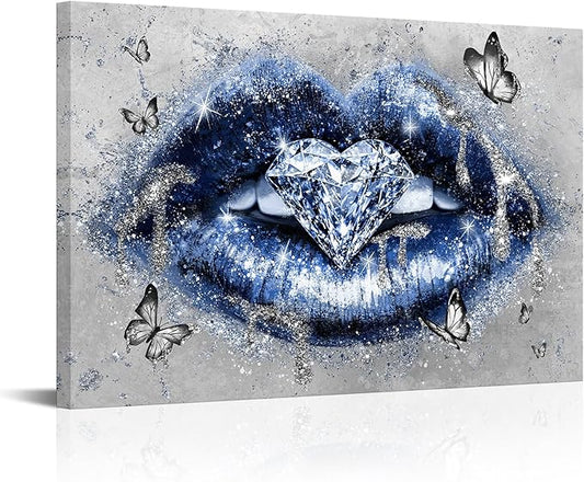 Conipit Navy Fashion Wall Art Blue Lip Canvas Art Beauty Glam Picture Prints Lip Painting with Heart Diamond Artwork for Makeup Room Bedroom Salon Wall Decor 24x36 Inch