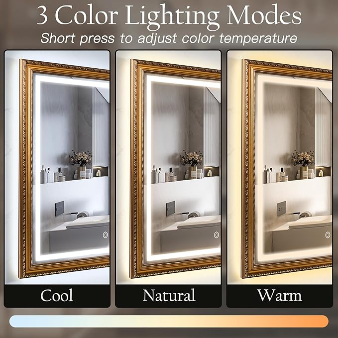 ROLOVE 23x35 Inch Gold Vintage Mirror for Wall Decor, Ornate Baroque Waterproof Frame, Antique Wall Mirror with Lights, Anti-Fog, Plug-in/Hardwired, Rectangle LED Mirror for Bathroom Vanity, Entryway