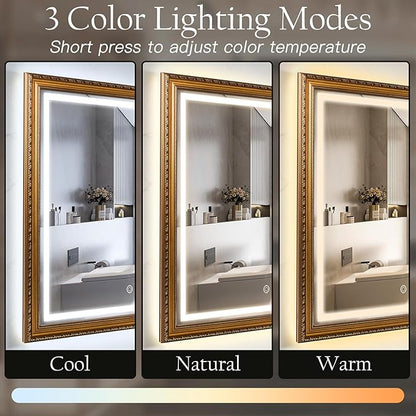 ROLOVE 23x35 Inch Gold Vintage Mirror for Wall Decor, Ornate Baroque Waterproof Frame, Antique Wall Mirror with Lights, Anti-Fog, Plug-in/Hardwired, Rectangle LED Mirror for Bathroom Vanity, Entryway