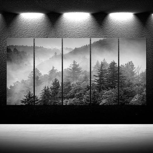 iKNOW FOTO 5-Piece X-Large Canvas Wall Art Set Black and White Misty Forest & Evergreen Trees Landscape Picture Prints Stretched Ready to Hang for Living Room 16x40 Each Panel
