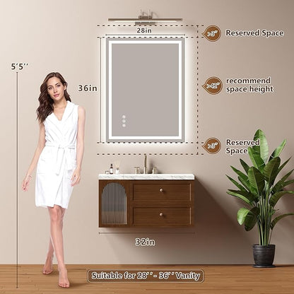 28x36 Inch LED Lighted Bathroom Mirror - Anti-Fog Vanity Mirror with Dimmable Front & Backlit, 3 Color Temp, Smart Memory - Shatterproof HD Glass, IP54 Waterproof Wall Mounted for Makeup Shaving