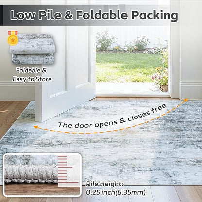 5x7 Area Rugs Washable Rug:Anti-Skid Abstract Modern Living Room Rug Soft Thin Carpets Indoor Floor Non-Shedding Carpet for Bedroom Dining Farmhouse Nursery Home Office(Blue/Grey/Gold/White, 5x7)
