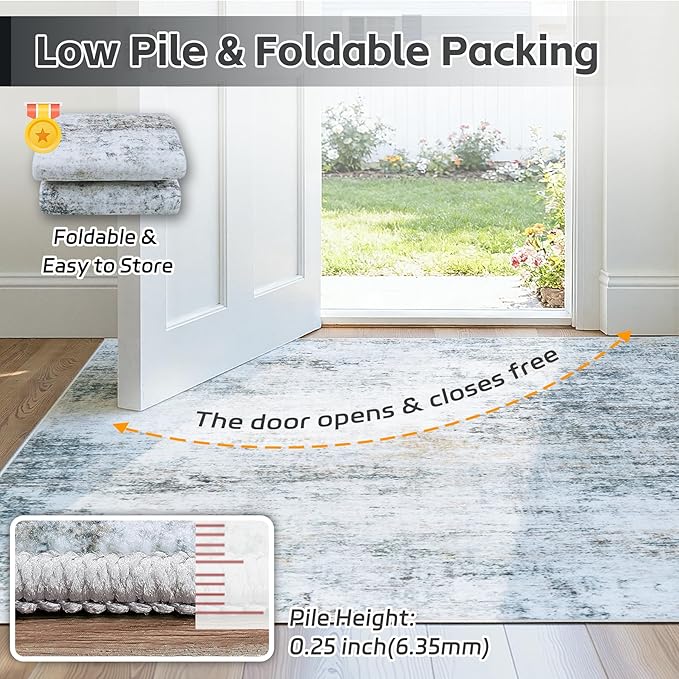 6x9 Area Rugs Washable Rug:Anti-Skid Abstract Modern Living Room Rug Soft Thin Carpets Indoor Floor Non-Shedding Carpet for Bedroom Dining Farmhouse Nursery Home Office(Blue/Grey/Gold/White, 6x9)