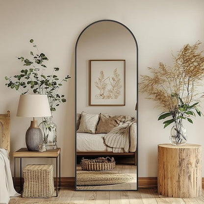 Antok 56" x15” Arched Full Length Floor Mirror, Black Aluminum Frame, Free Standing/Wall Mount/Leaning for Bedroom, Living Room, Dressing Room