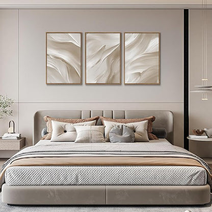 myusuar 3 Piece Large Abstract Framed Wall Art For Living Room, Smoke Texture Ink Beige White Canvas Wall Art Modern Minimalist Art Prints Wall Décor For Bedroom Office 16x24in