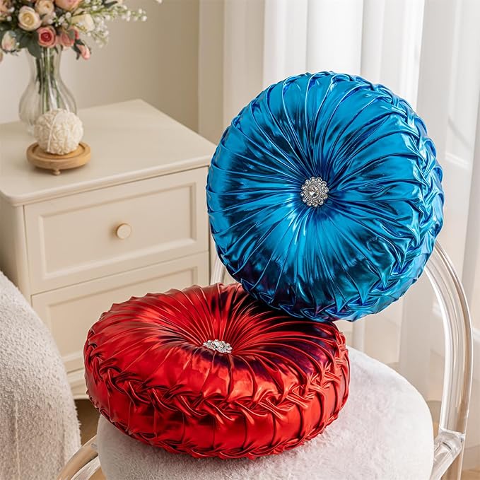 Red Round Throw Pillows, Soft Spandex Fabric Pumpkin Pleated Handmade Metallic Decorative Throw Pillows Floor Pillows Cushion for Sofa Couch Bed Living Room Chair Decoration