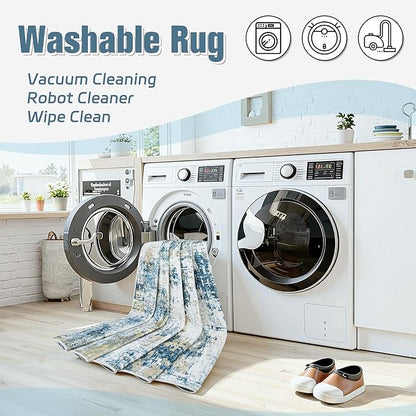 Area Rug 10x14 Living Room Rug Washable: No-Slip Abstract Soft Thin Large Blue Rugs, Indoor Floor Stain Resistant Modern Carpet for Bedroom Dining Room Farmhouse Nursery Home Office (Blue, 10'x14')