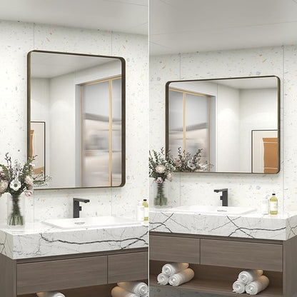 24x32 Bronze Bathroom Mirror, Rounded Rectangle Bronze Frame Mirror, Brushed Bronze Bathroom Vanity Mirror Wall-Mounted, Anti-Rust, Hangs Horizontally or Vertically