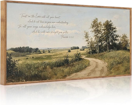 CHDITB Trust in the Lord Provervs 3:5-6 Bible Verses Wall Art Framed, Neutral Farmhouse Countryside Landscape Scripture Canvas Artwork, Large Vintage Religious Biblical Nature Scenery Field Wilderness Painting Decor for Living Room Office (40"L x 20"W)