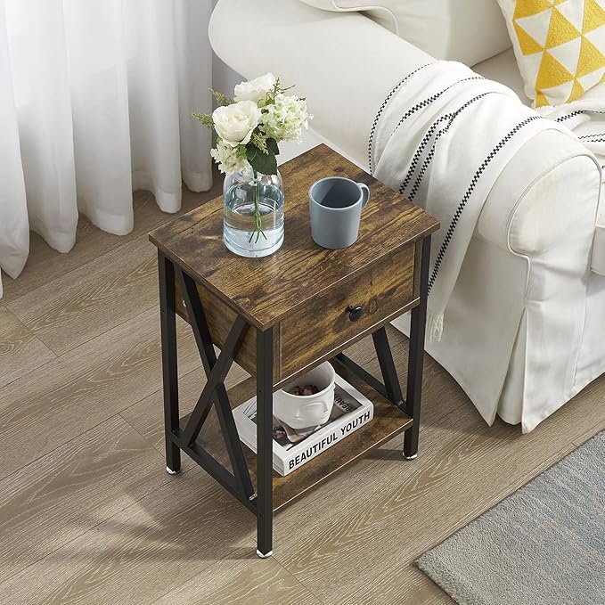 VECELO End Tables, Modern Nightstand with Drawer & Shelf, Night Stand for Bedroom Living Room,Industrial Metal Frame