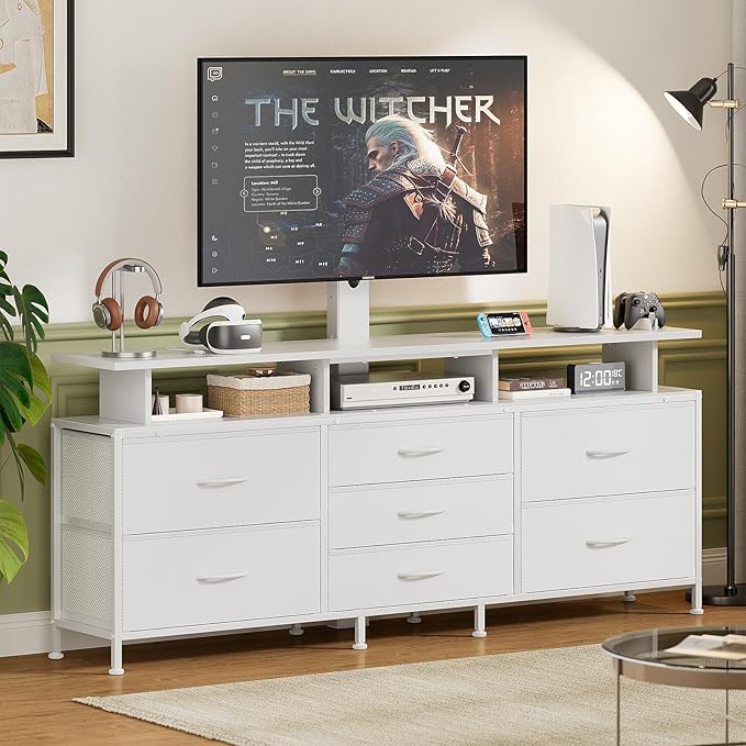 REAHOME TV Stand with Mount, 63" Entertainment Center for 32/45/55/60/65/70 inch TVs, Media Console Table with 7 Drawers, Height Adjustable Mount, Dresser TV Stand for Living Room, White