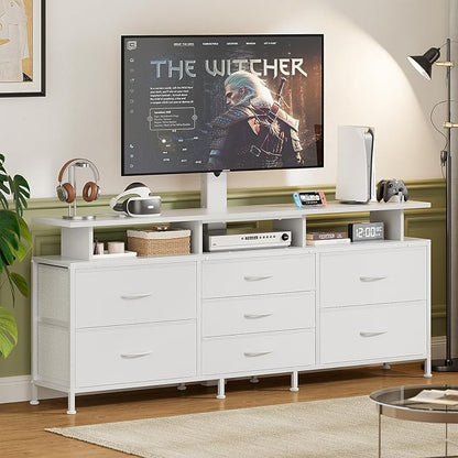 REAHOME TV Stand with Mount, 63" Entertainment Center for 32/45/55/60/65/70 inch TVs, Media Console Table with 7 Drawers, Height Adjustable Mount, Dresser TV Stand for Living Room, White