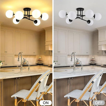 6-Light Glass Sputnik Chandeliers Black Sputnik Ceiling Light Fixture with Milk White Glass Globe Flush Mount Ceiling Light Fixture for Dining Room Farmhouse Kitchen Living Room Bedroom