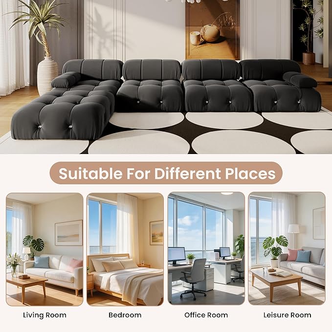 138'' Modular Sectional Couch, L-Shaped Velvet Sofa with Reversible Chaise Ottoman, Minimalist Bubble Couch, Modern Black Sectional Couches for Living Room, Apartment (4 Seats, 1 Ottoman, Black)