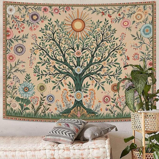 Lunerfex Chakra Tree Wall Tapestry - Celestial Sun & Floral Wall Hanging for Bedroom and Living Room - Boho Spiritual Decor Tapestries 80"x60"