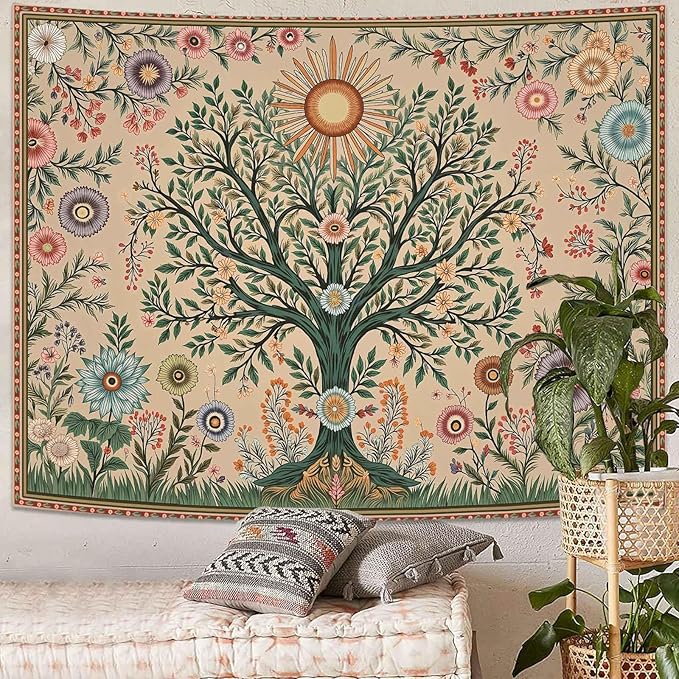 Lunerfex Chakra Tree Wall Tapestry - Celestial Sun & Floral Wall Hanging for Bedroom and Living Room - Boho Spiritual Decor Tapestries 90"x70"