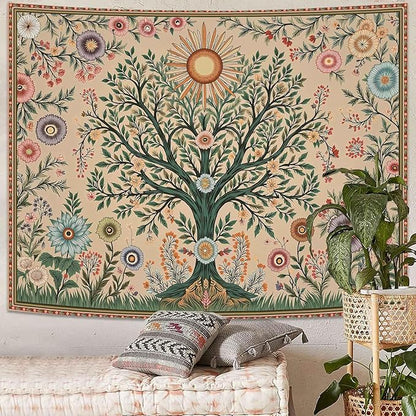 Lunerfex Chakra Tree Wall Tapestry - Celestial Sun & Floral Wall Hanging for Bedroom and Living Room - Boho Spiritual Decor Tapestries 90"x70"