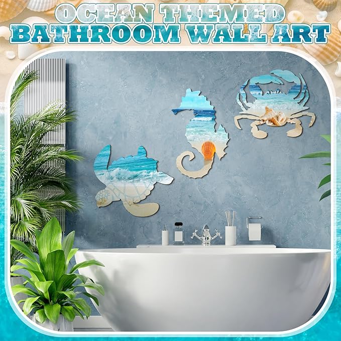 Tatuo 3 Pcs Summer Coastal Wall Decor Bathroom Beach Blue Wall Art Sea Turtle Surfboard Seahorse Starfish Seashell Conches Crabs Sea Life Decor for Bedroom Home (Turtle,Seahorse,Crab)