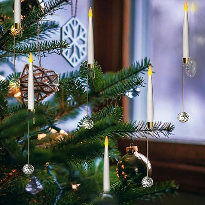 Leejec Christmas Tree Candles with Wand Remote, 10 Pack Battery Operated Flameless Taper Window Candle, Flickering Warm Light, Xmas Tree Decorations with Crystal Ball Hook, Wedding Home Gift