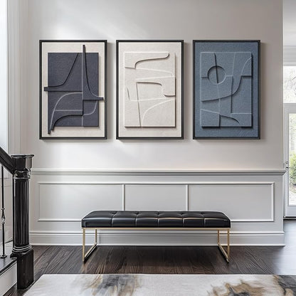 Large 3D Textured Framed Blue and White Abstract Wall Art for Living Room, 3 Piece Modern Artwork for Walls, Minimalist Navy Blue Geometric Paintings for Hallway, Stair, Office Wall Decor 24x36 In