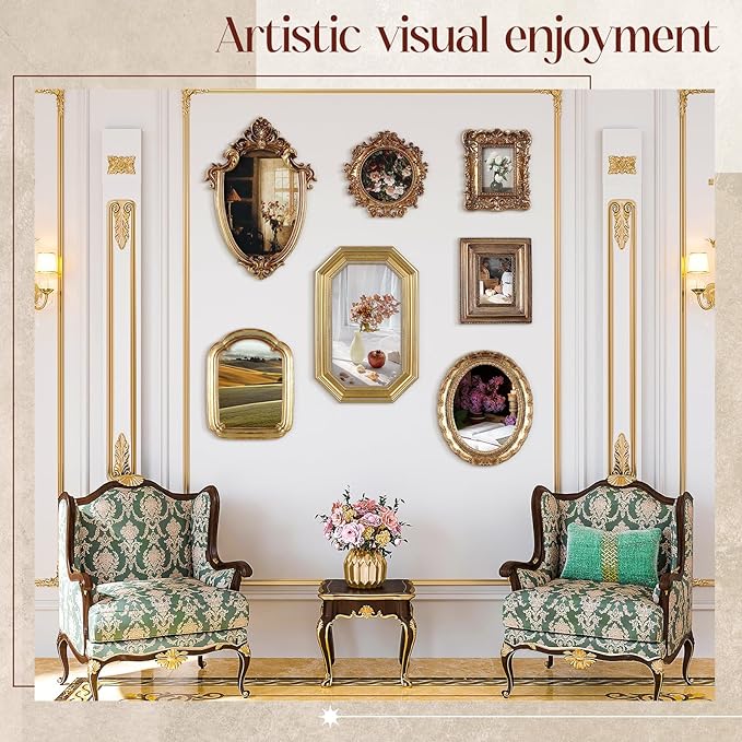 Wonderjune 7 Pcs Vintage Picture Frames Set with Glass Front Antique Gold Gallery Wall Frames 7x9 6x8 5x7 4x6 2x3, Baroque for Home Decor Photography Props Gifts, Wall or Tabletop (Classical)