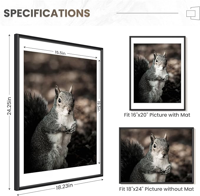 Fun Memories Black Picture Frame 18x24, Aluminum Picture Frame 18"x24", 18 x 24 Poster Frame with Mat & Real Glass, 18 by 24 Black Frame, 18x24 Frame with Mat for 16x20