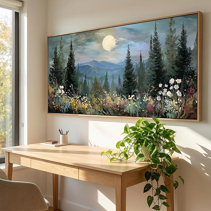 BQVCT Mountain Landscape Wall Art with Pine Trees and Wildflowers 20x40 Inch Full Moon Nature Scene Canvas Print with Wood Frame Forest Cabin Decor for Living Room Bedroom Office