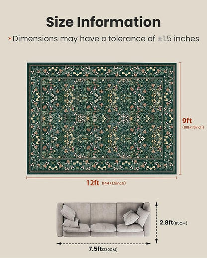 AMADA HOMEFURNISHING Large Area Rugs 9x12, Washable Floral Rug with Non-Slip Backing & Low Pile, Durable Edge Biding, Vintage Soft Floral Rug for Living Room, Bedroom and Dining Room