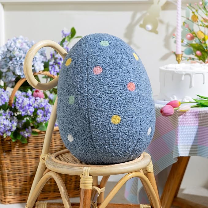 Ashler Egg Shaped Throw Pillow, Spring Home Decor, Teddy Fabric Decorative Cushion with Colorful Polka Dots Embroidery, Soft Pillow for Bedroom Living Room Couch, 14x11 in
