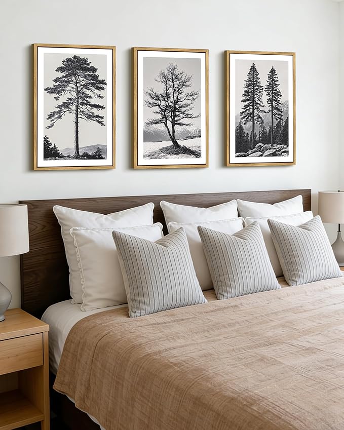 Drsoum Vintage Black Gray Tree Wall Art Framed Antique Retro Forest Prints Modern Rustic Artwork Bedroom Farmhouse Ready to Hang 16x24in Natural Framed