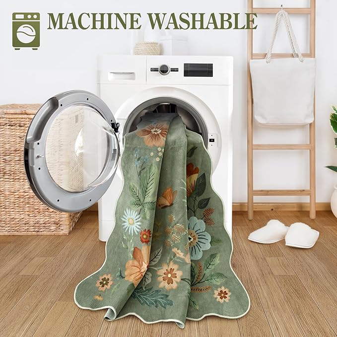 Lahome Floral Hallway Runner Rug Non Slip, 2'6''x10' Washable Runner Rug Soft Ultra-Thin Soft Kitchen Runners for Hallways, Distressed Carpet for Entryway Bathroom Flore (Green)