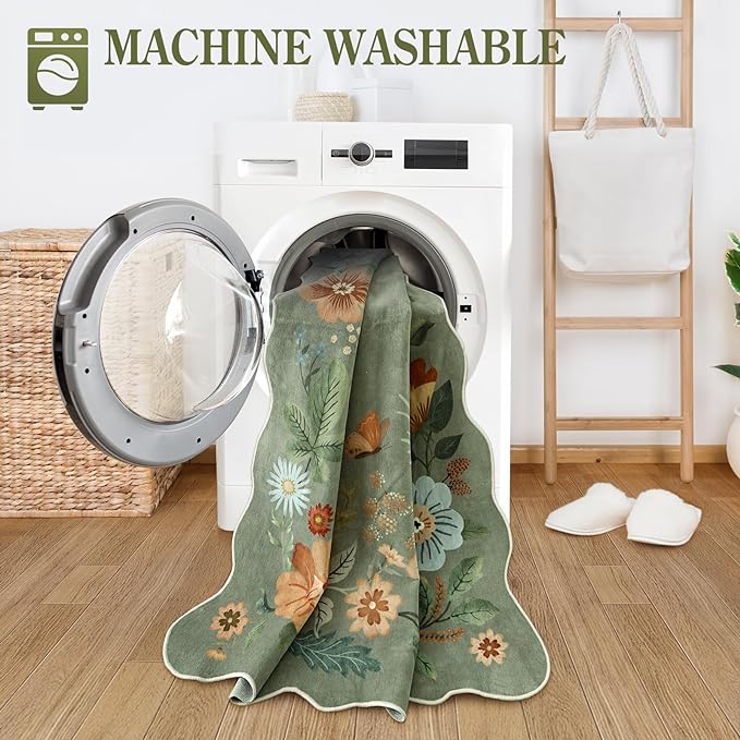 Lahome Floral Runners for Hallways, 2X6 Kitchen Runner Rug Ultra-Thin Soft, Non-Slip Hallway Rug Stain Resistant Boho Low-Pile Carpet for ‎Laundry Bathroom Bedroom Flore (2x6ft,Green)