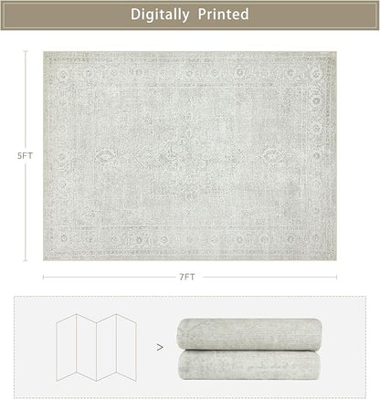 Srugn Washable Rugs 5x7 Area Rugs for Living Room,Bedroom,Large Carpets,Ultra Soft Faux Wool Retro Dining Room Rug,Non Slip&Non-Shedding Low Pile Vintage Rugs for Home Office,Concrete Grey