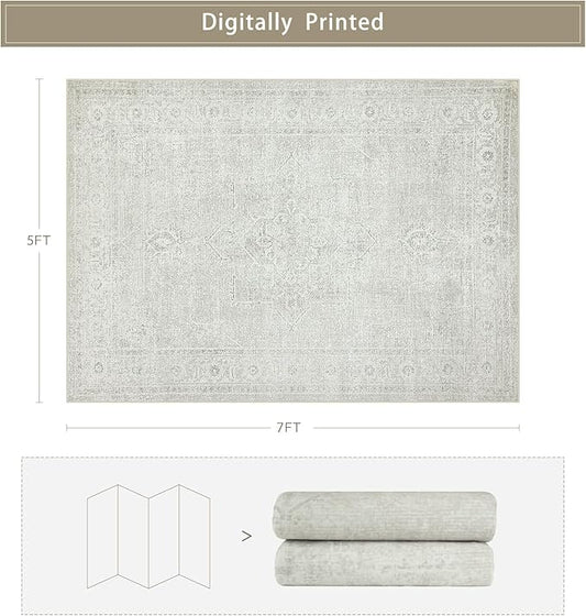 Srugn Washable Rugs 5x7 Area Rugs for Living Room,Bedroom,Large Carpets,Ultra Soft Faux Wool Retro Dining Room Rug,Non Slip&Non-Shedding Low Pile Vintage Rugs for Home Office,Concrete Grey