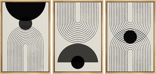 SIGNLEADER Framed Canvas Print Wall Art Black Semi-Circle an Line Parabola Abstract Shapes Illustrations Modern Art Minimalist Edgy Black and White for Living Room, Bedroom, Office - 16"x24"x3 NATURAL