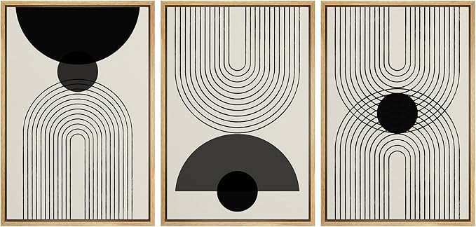 SIGNLEADER Framed Canvas Print Wall Art Black Semi-Circle an Line Parabola Abstract Shapes Illustrations Modern Art Minimalist Edgy Black and White for Living Room, Bedroom, Office - 24"x36"x3 NATURAL