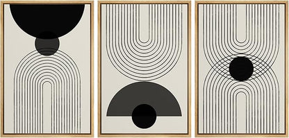 SIGNLEADER Framed Canvas Print Wall Art Black Semi-Circle an Line Parabola Abstract Shapes Illustrations Modern Art Minimalist Edgy Black and White for Living Room, Bedroom, Office - 24"x36"x3 NATURAL