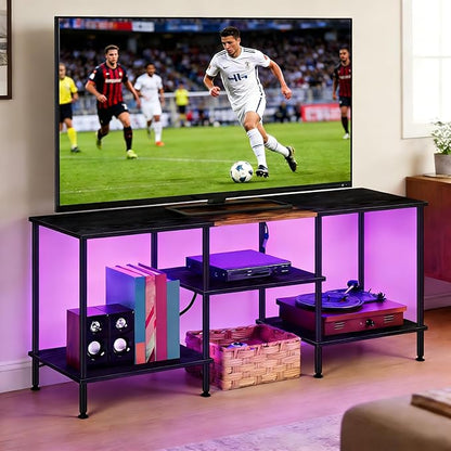 LED TV Stand for Bedroom Black 50 Inch TV Stand with Power Outlet, 3 Tier Small Entertainment Center with Storage Farmhouse TV Media Console Table for 50 43 40 32 Inch TV