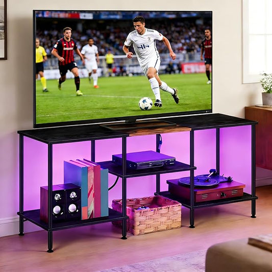 LED TV Stand for Bedroom Black 50 Inch TV Stand with Power Outlet, 3 Tier Small Entertainment Center with Storage Farmhouse TV Media Console Table for 50 43 40 32 Inch TV