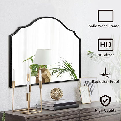 Besdomus Scalloped Arched Mirror for Vanity: 32"x24" Black Modern Minimalist Wooden Wall Mirror - Decorative Dresser Wall for Mantel/Bedroom/Entryway/Hallway - Ideal for 30-60 Age Fashion Women