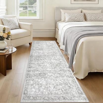 2x8 Hallway Runner Rug: Washable Vintage Floral Entryway Rugs Low Pile Non-Slip Boho Carpet for Kitchen, Bedroom, Bathroom, Dining Room (Grey, 2'x8')