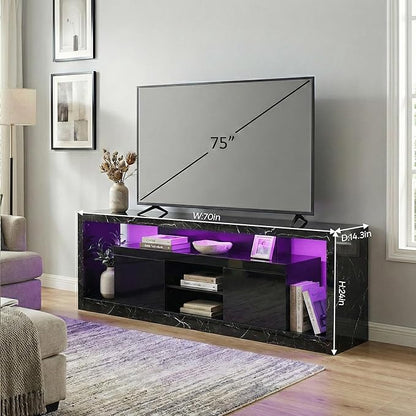 70 Inch TV Stand with LED Lights & Power Outlet, Modern Entertainment Center with Color-Changing RGB LED Strip, Sound Sync, App/Remote Control, High Gloss Black Marble Media Console for Living Room
