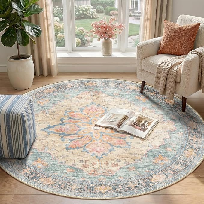 RELEANY Area Rugs Round 4ft Washable Non-Slip, Floral Vintage Distress Print Pattern Medallion Carpet for Living Room Bedroom Dining Room, Blue Orange Red
