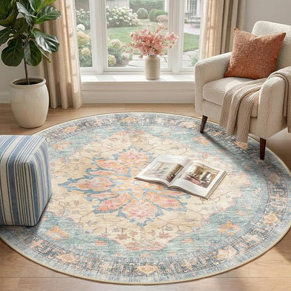 RELEANY Area Rugs Round 4ft Washable Non-Slip, Floral Vintage Distress Print Pattern Medallion Carpet for Living Room Bedroom Dining Room, Blue Orange Red