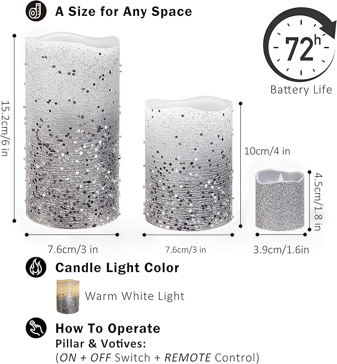 FURORA LIGHTING Silver Glitter Flameless Candles - Real Wax, Adjustable Brightness, Remote & Timer - 4 Pillars (3x4, 3x6) and 4 Votives, 8-Pack, Battery Operated