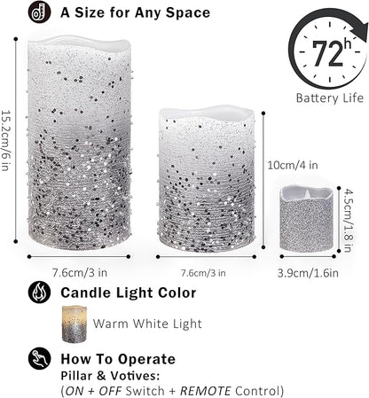 FURORA LIGHTING Silver Glitter Flameless Candles - Real Wax, Adjustable Brightness, Remote & Timer - 4 Pillars (3x4, 3x6) and 4 Votives, 8-Pack, Battery Operated